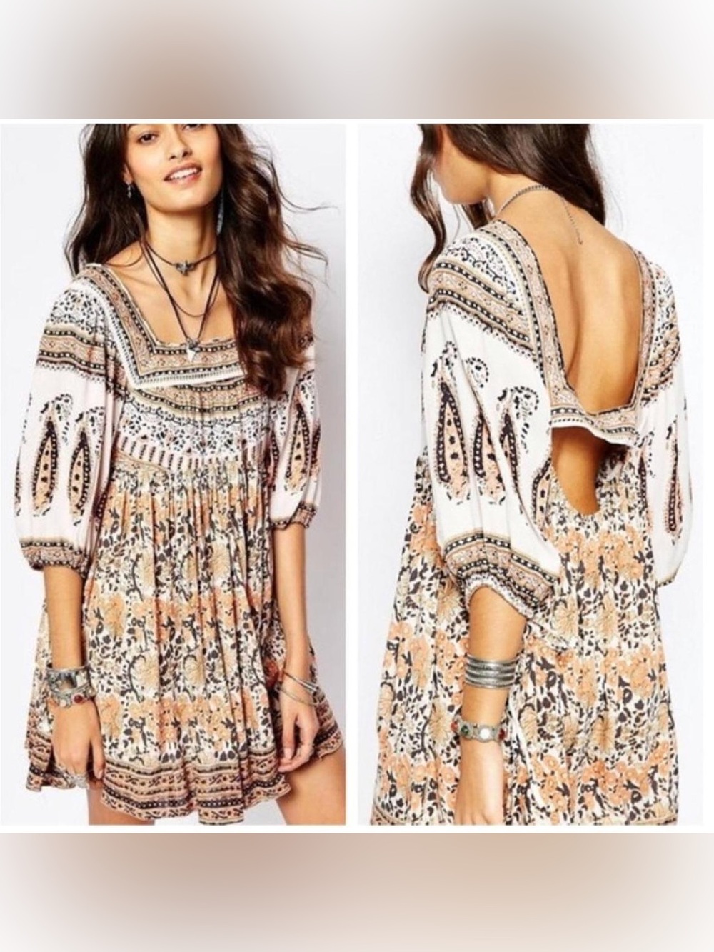 Free People Boho Ivory and Rust Floral Midi Dress size M